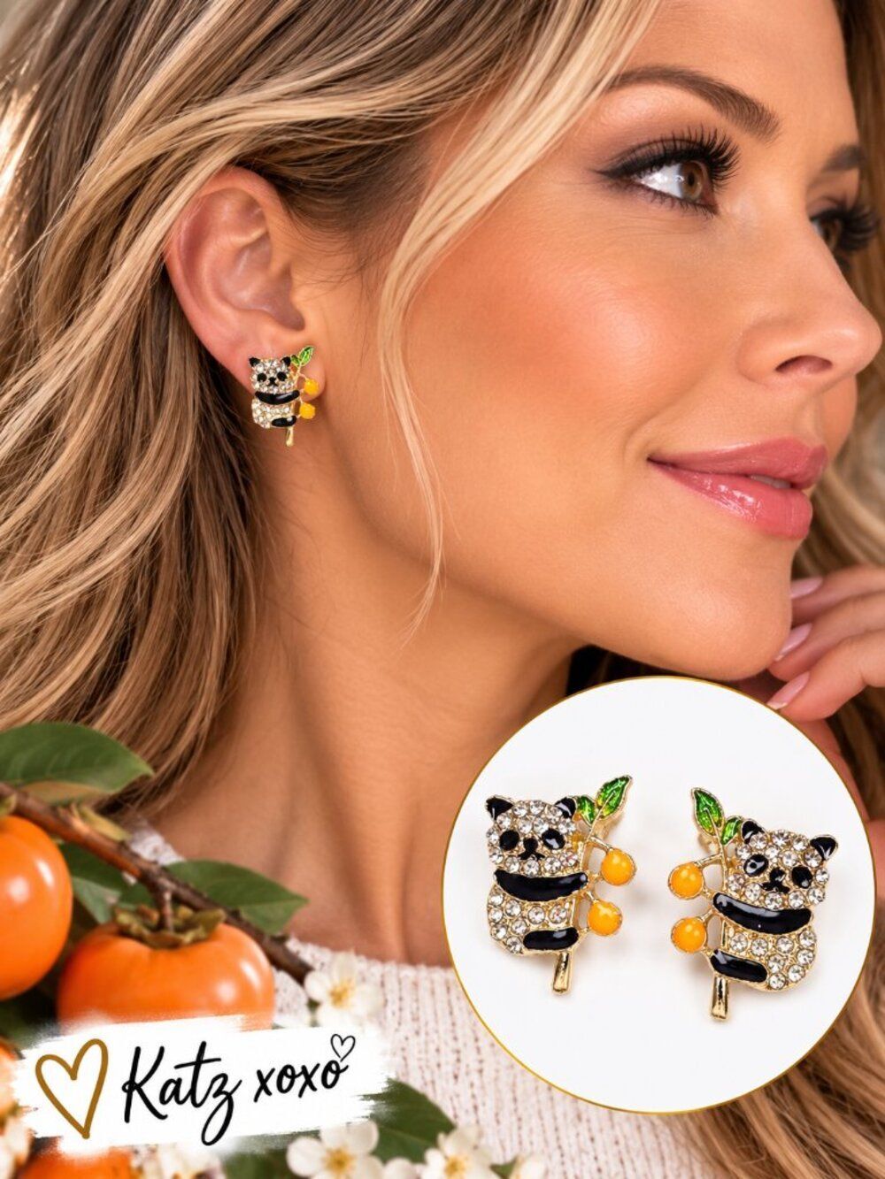 Panda Rhinestone Stud Earrings Gold Persimmon Tree Kawaii Sparkly Animal Jewelry